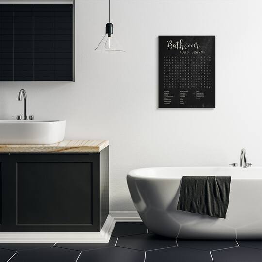 Stupell Industries Bathroom Word Search Activity over Distressed Black Canvas Wall Art